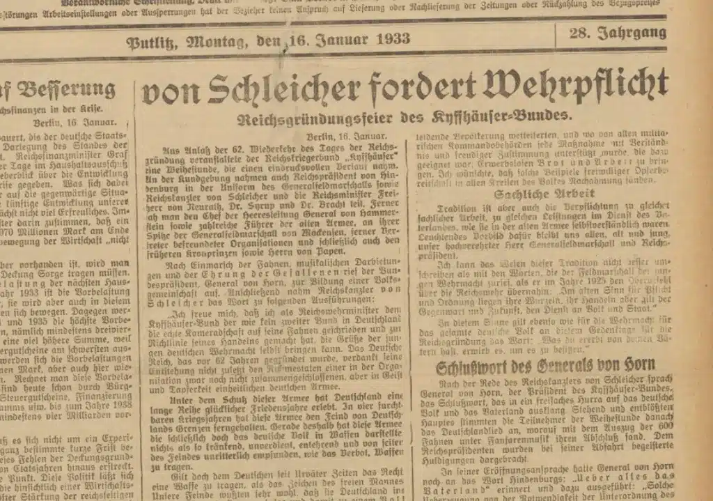 16.01.1933 – Schleichers Forderung nach Wehrpflicht und die Macht des Kyffhäuser-Bundes