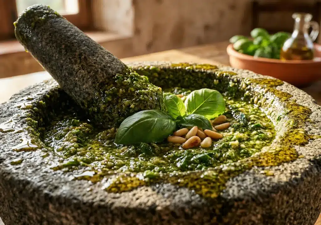 Das Geheimnis des Basilikums: Warum echtes Pesto nur im Mörser entsteht Das Geheimnis des Basilikums: Warum echtes Pesto nur im Mörser entsteht