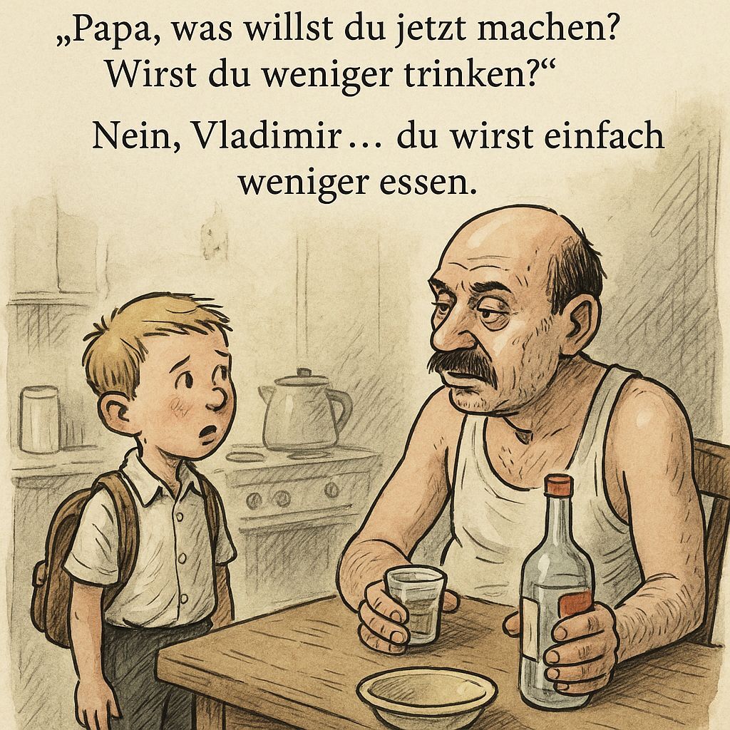 Der kleine Vladimir sitzt in der Schule und hört, dass der Preis für Wodka gestiegen ist.