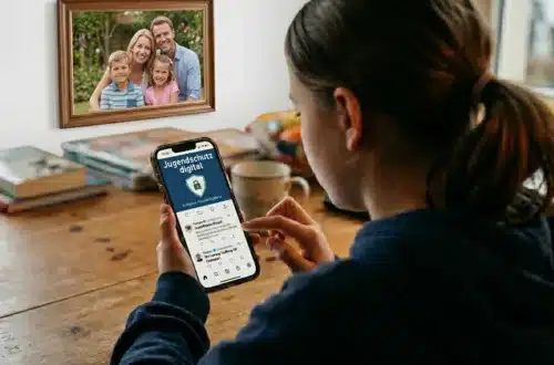 Fotorealistischer Schulterblick auf ein junges Mädchen, das am Schreibtisch ein Smartphone hält. Auf dem Display ist das Logo „Jugendschutz digital“ zu sehen, während an der weißen Wand im Hintergrund ein gerahmtes Familienfoto mit dem Titel „Profit auf Kosten der Kinder“ hängt.